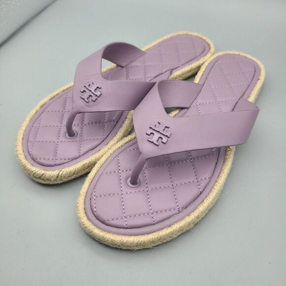 Tory Burch Women Thong Sandals Purple Quilted Leather Espadrille Mini Logo 9 New - Picture 1 of 9